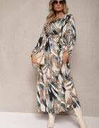 christy Rochie Cloș Maxi Bej-Verde cu elastic în talie Montaga
