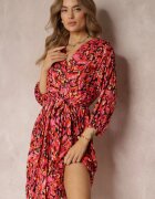 christy Rochie Crossover Midi Roșu-Negru cu Cordon Legat și Fir Metalic Armellia