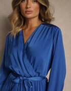 christy Rochie Maxi Albastră cu Tiv Plisat și Decolteu Petrecut Basila