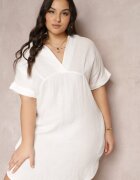 christy Rochie Mini Albă Din Bumbac cu Croială Dreaptă cu Guler Elealla