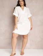christy Rochie Mini Albă Din Bumbac cu Croială Dreaptă cu Guler Elealla