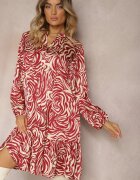 christy Rochie mini evazată bordo-bej în stil cămașă cu volan și model decorativ Bevina