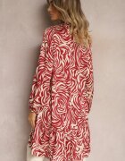 christy Rochie mini evazată bordo-bej în stil cămașă cu volan și model decorativ Bevina