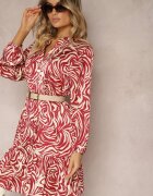 christy Rochie mini evazată bordo-bej în stil cămașă cu volan și model decorativ Bevina