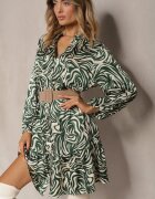 christy Rochie Mini Evazată Verde-Bej în Stil Cămașă cu Volănaș și Model Decorativ Bevina