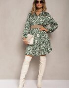 christy Rochie Mini Evazată Verde-Bej în Stil Cămașă cu Volănaș și Model Decorativ Bevina