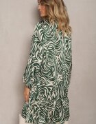 christy Rochie Mini Evazată Verde-Bej în Stil Cămașă cu Volănaș și Model Decorativ Bevina