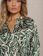 christy Rochie Mini Evazată Verde-Bej în Stil Cămașă cu Volănaș și Model Decorativ Bevina