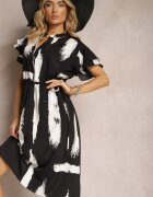 christy Rochie Negru-Alb Dreaptă cu Model Decorativ și Șnur în Talie Sidna