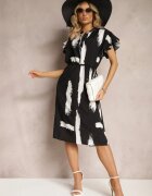 christy Rochie Negru-Alb Dreaptă cu Model Decorativ și Șnur în Talie Sidna