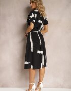 christy Rochie Negru-Alb Dreaptă cu Model Decorativ și Șnur în Talie Sidna