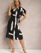 christy Rochie Negru-Alb Dreaptă cu Model Decorativ și Șnur în Talie Sidna