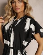 christy Rochie Negru-Alb Dreaptă cu Model Decorativ și Șnur în Talie Sidna
