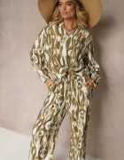 christy Set Verde cu Vâscoză Bluză cu croială tip cămașă și Pantaloni Larghi Sariliana