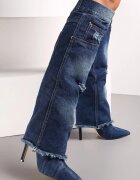  Cizme albastre cu toc cui din denim decorate cu rupturi și găuri Cikase