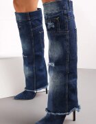  Cizme albastre cu toc cui din denim decorate cu rupturi și găuri Cikase