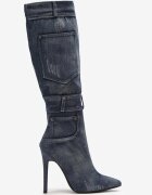  Cizme albastre din denim peste genunchi cu toc stiletto Tusmma