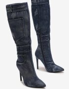  Cizme albastre din denim peste genunchi cu toc stiletto Tusmma