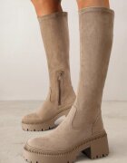  Cizme bej închis lungi cu carâmb elastic pe talpă groasă reliefată Hantrine