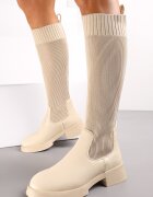  Cizme bej slip-on cu carâmb tip șosetă până la genunchi pe talpă groasă Miraple