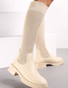  Cizme bej slip-on cu carâmb tip șosetă până la genunchi pe talpă groasă Miraple