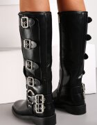 Cizme Biker Negre cu Catarame Decorative și Vârf Pătrat Vivao
