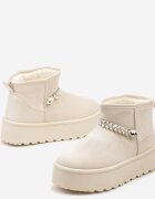  Cizme de zăpadă bej cu talpă groasă din imitație de piele întoarsă decorate cu un lanț cu zirconii Ninnalith