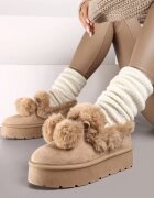  Cizme de zăpadă Bej închis pe platformă cu Pompoane și cu Blană Artificială Decorativă Iriviane