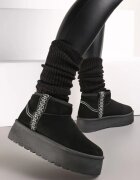  Cizme de zăpadă negre slip-on cu curea decorativă și talpă groasă Veonli