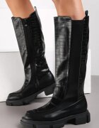  Cizme Negre cu Talpă Groasă cu Imprimeu Piele de Crocodil Ombroce
