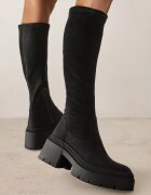  Cizme Negre Lungi cu Gambă Elastică cu Talpă Groasă Texturată Hantrine