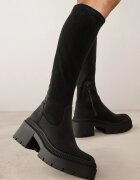  Cizme Negre Lungi cu Gambă Elastică cu Talpă Groasă Texturată Hantrine