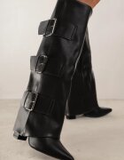  Cizme Negre Rock cu toc bloc cu carâmb răsfrânt Finisate cu catarame Navlaya