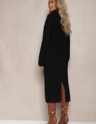  Completa neagră din tricot texturat cu viscoză Pulover cu guler semi-înalt și Fustă mulată Atteleia