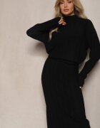  Completa neagră din tricot texturat cu viscoză Pulover cu guler semi-înalt și Fustă mulată Atteleia