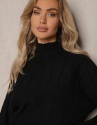  Completa neagră din tricot texturat cu viscoză Pulover cu guler semi-înalt și Fustă mulată Atteleia