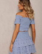  Compleu ajurat din bumbac albastru deschis Top în stil spaniol și Fustă cu elastic în talie Vimariah