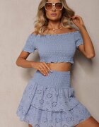  Compleu ajurat din bumbac albastru deschis Top în stil spaniol și Fustă cu elastic în talie Vimariah