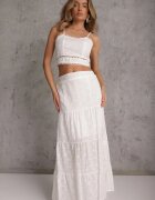  Compleu Alb Boho Top brodat Fustă cu talie elastică și volan Worpia