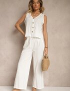  Compleu Alb din Bumbac Bluză cu Nasturi Pantaloni Largi cu Elastic în Talie Floricella