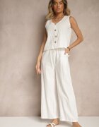  Compleu Alb din Bumbac Bluză cu Nasturi Pantaloni Largi cu Elastic în Talie Floricella