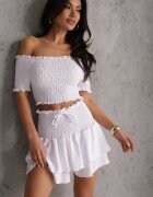 Compleu Alb Top cu umerii goi și Fustă-Pantaloni scurți cu volane și elastic Rinaria