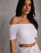  Compleu Alb Top cu umerii goi și Fustă-Pantaloni scurți cu volane și elastic Rinaria