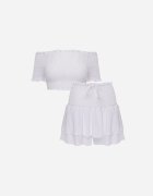  Compleu Alb Top cu umerii goi și Fustă-Pantaloni scurți cu volane și elastic Rinaria