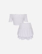  Compleu Alb Top cu umerii goi și Fustă-Pantaloni scurți cu volane și elastic Rinaria