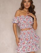  Compleu Alb-Violet Bluză cu Decolteu Spagnol Fustă Cloș cu Elastic în Talie Dimonnda