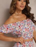  Compleu Alb-Violet Bluză cu Decolteu Spagnol Fustă Cloș cu Elastic în Talie Dimonnda