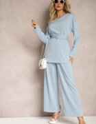 Compleu Albastru deschis Bluză și Pantaloni cu craci drepți și elastic Daeirassa