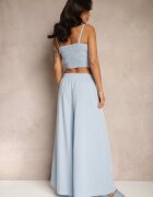  Compleu Albastru Deschis cu Viscoză Pantaloni Largi Top cu Cupe Buretate Tirtebis