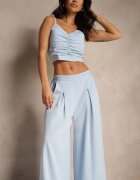 Compleu Albastru Deschis cu Viscoză Pantaloni Largi Top cu Cupe Buretate Tirtebis